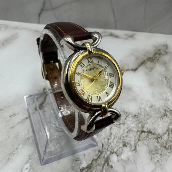 Fossil Watch Women Two Tone Pyramid Cut Crystal Brown Leather Band New Battery - Picture 1 of 16